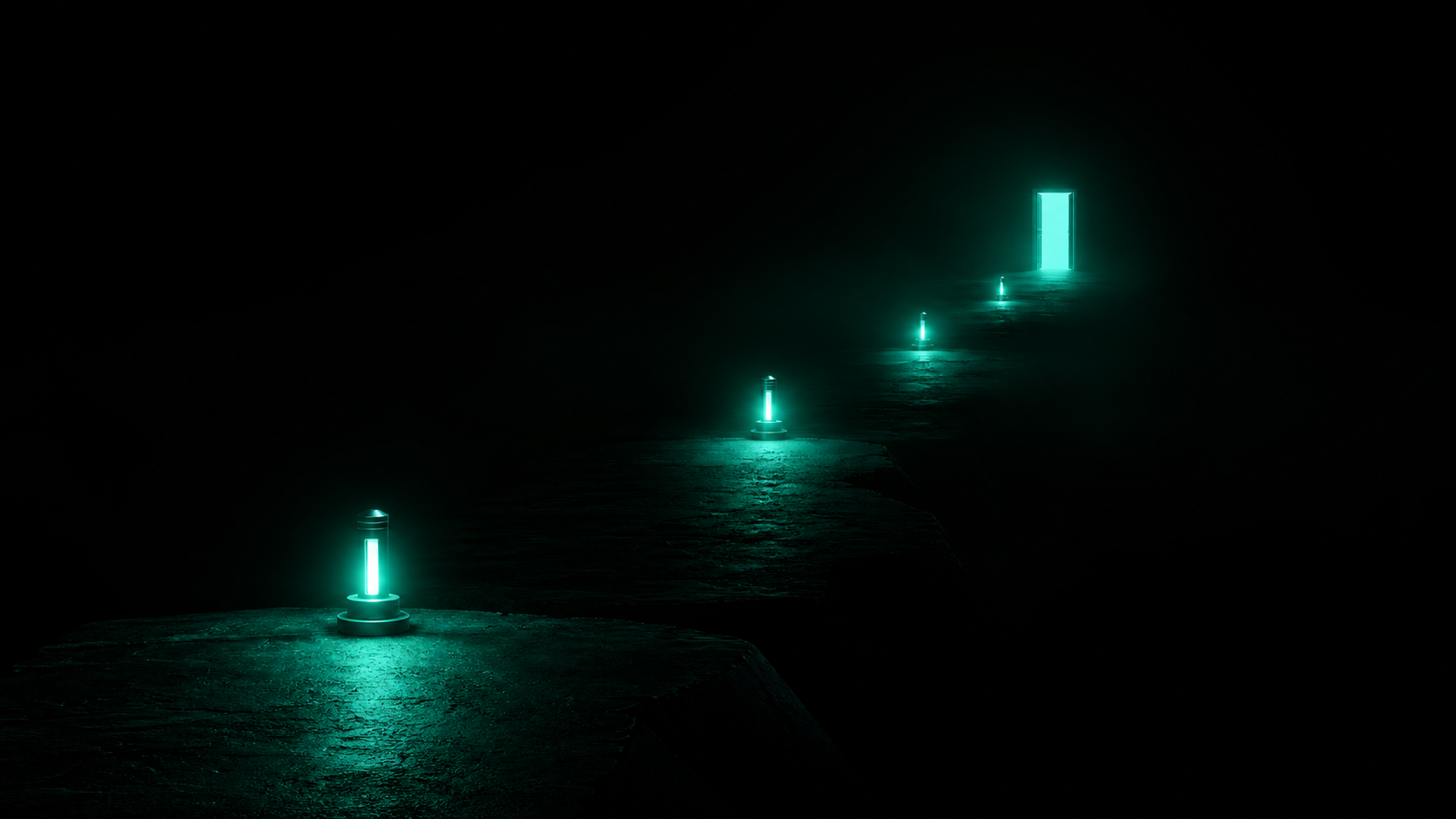 Four small teal beacons lighting a dark path in sequence toward a lit doorway — a deliberate four-checkpoint cadence guiding the job to a finish