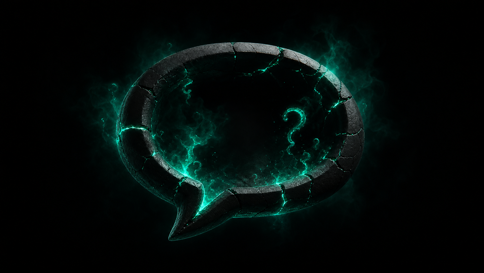 A dark, cracked chat bubble leaking faint teal question-mark light — the doubt that fills an unexplained silence