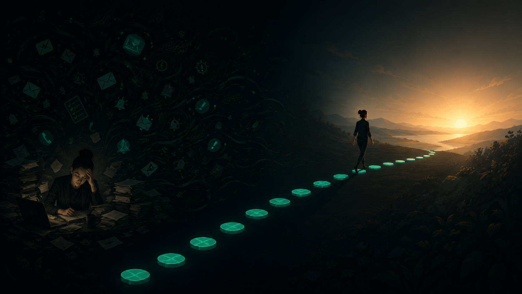 A figure buried in clutter on the left, with glowing stepping stones leading across to a bright sunrise — small steps toward freedom