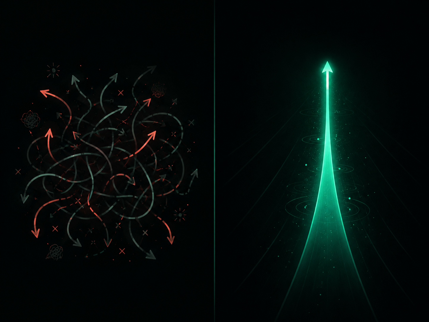 Left: a chaotic storm of scattered arrows pointing everywhere (reaction). Right: one clean confident arrow pointing forward (deliberation)