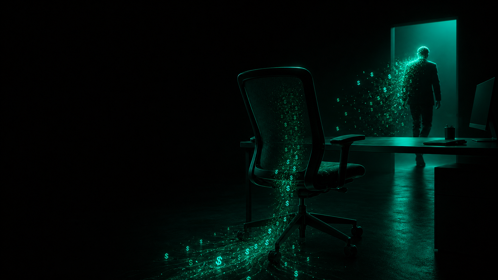 An empty desk chair in the dark, a teal-glowing figure walking away through a doorway, dollar-light draining from the empty seat