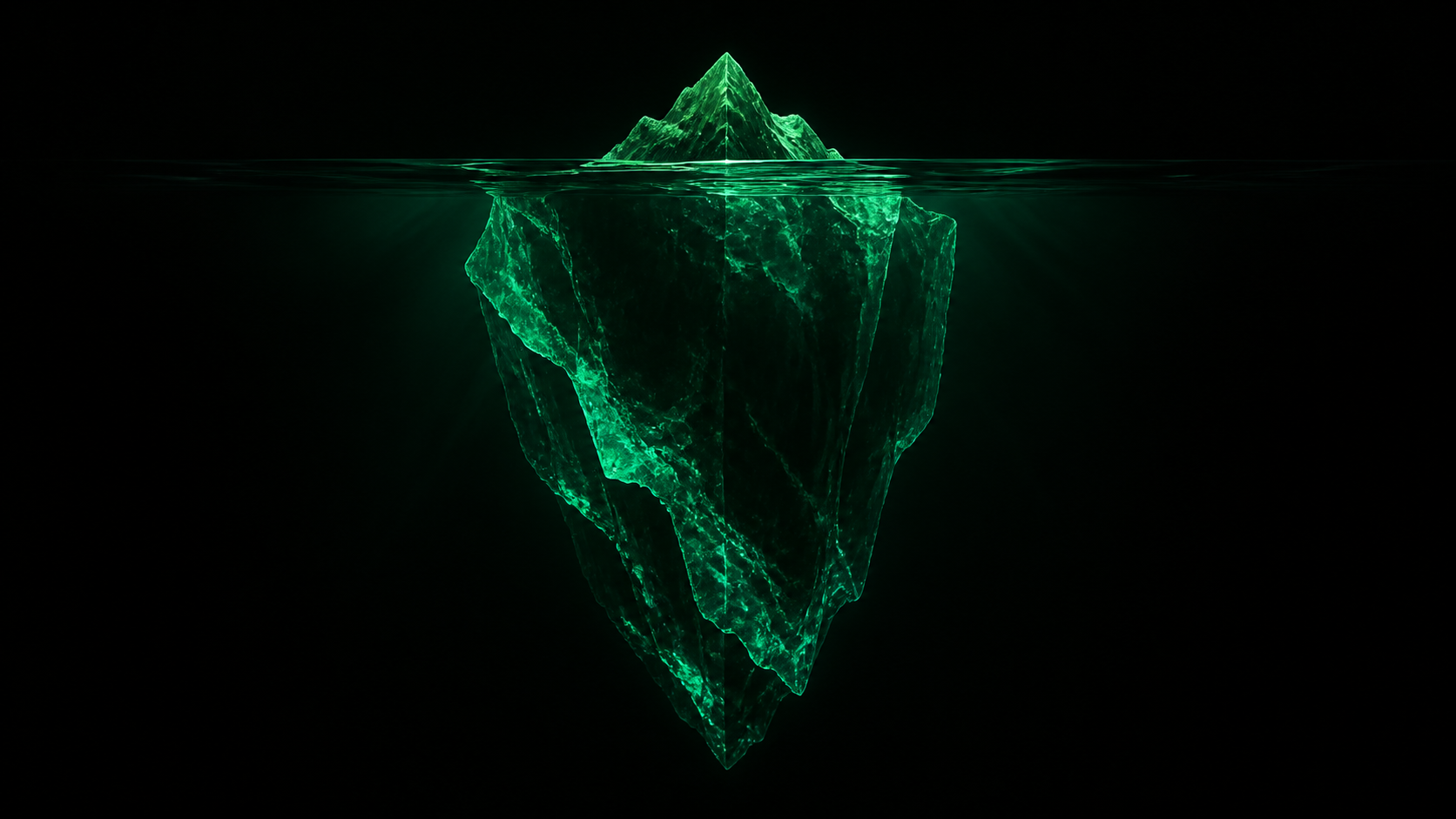 A small teal-glowing iceberg tip above the waterline, with a much larger mass hidden below in the dark