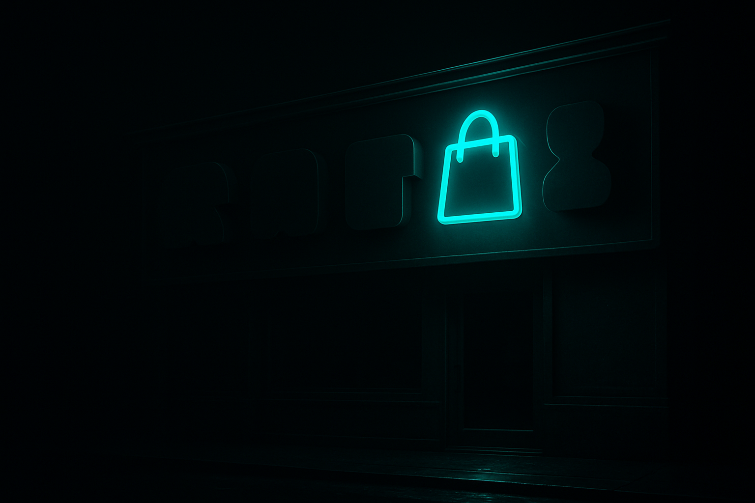 A dark storefront sign at night where only one icon glows teal and the rest of the sign sits unlit in the dark